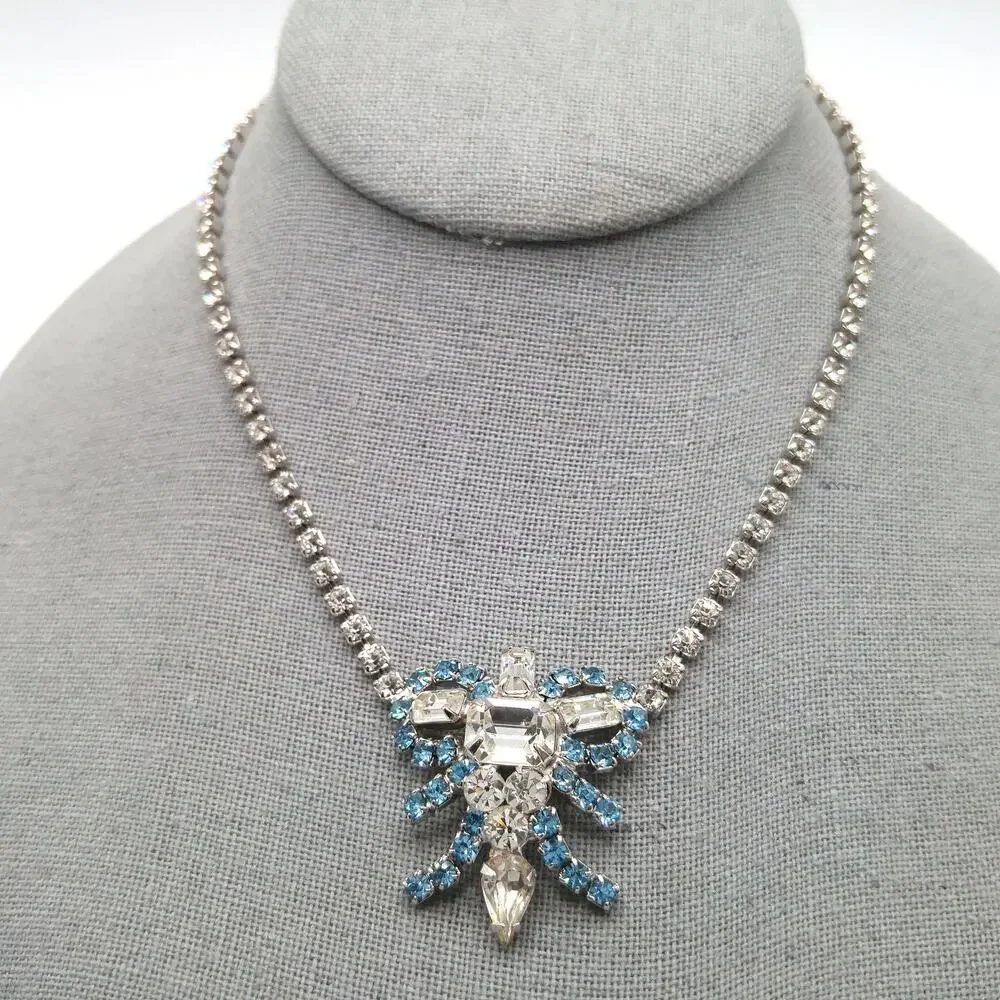 Mid-Century Turquoise Blue Clear Rhinestone Choker Necklace, Rhodium Plated
